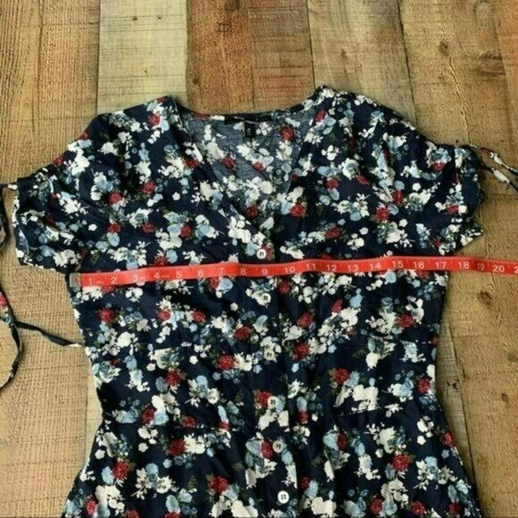 Derek Heart Floral Print Tie Short Sleeve Button-Front Navy Dress Adjustable - Picture 4 of 9